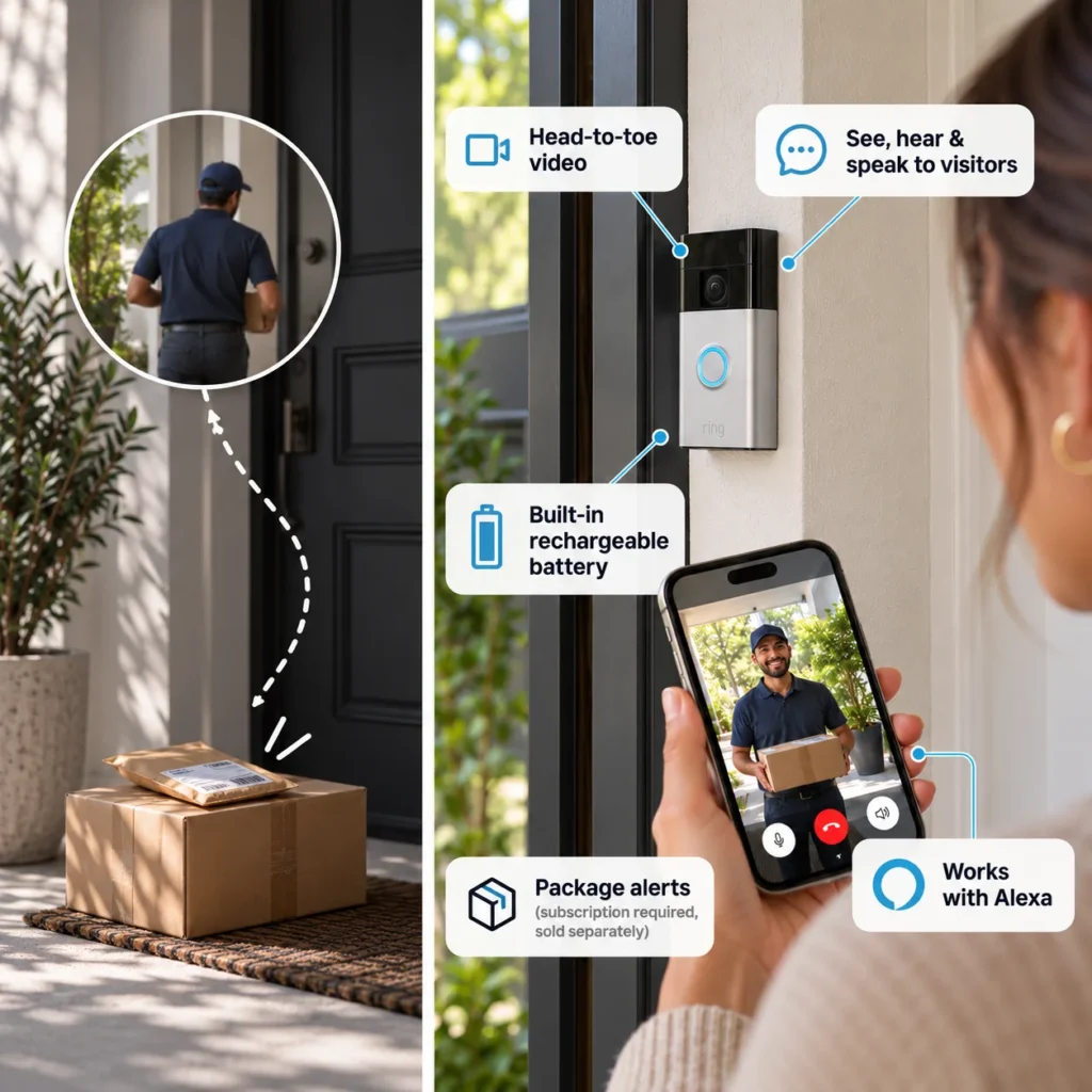 Infographic showing the Ring Battery Doorbell with callouts for head-to-toe video, two-way talk, rechargeable battery, package alerts, and Alexa compatibility.