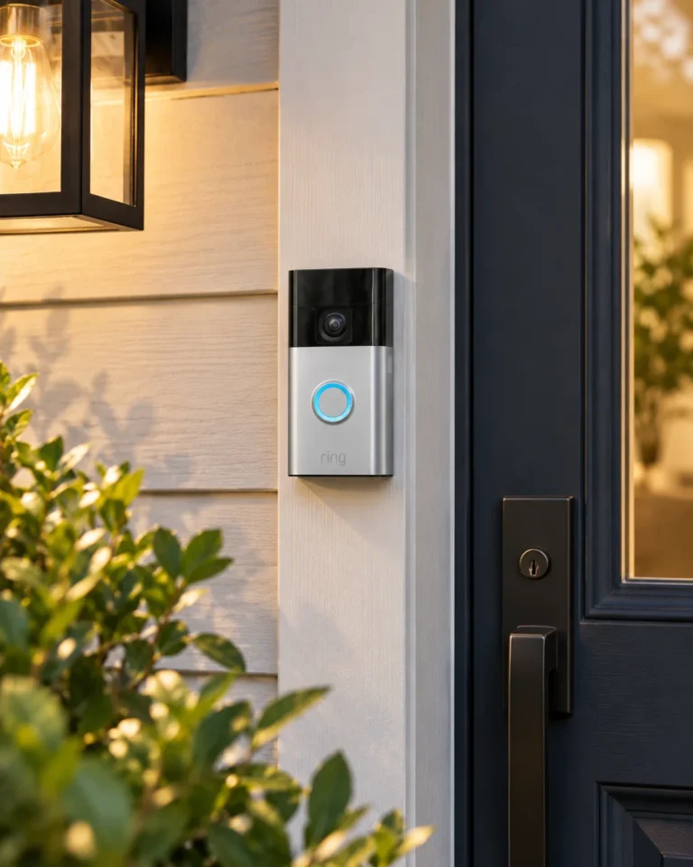 Ring Battery Doorbell mounted beside a front door with a modern exterior light and dark entry door.
