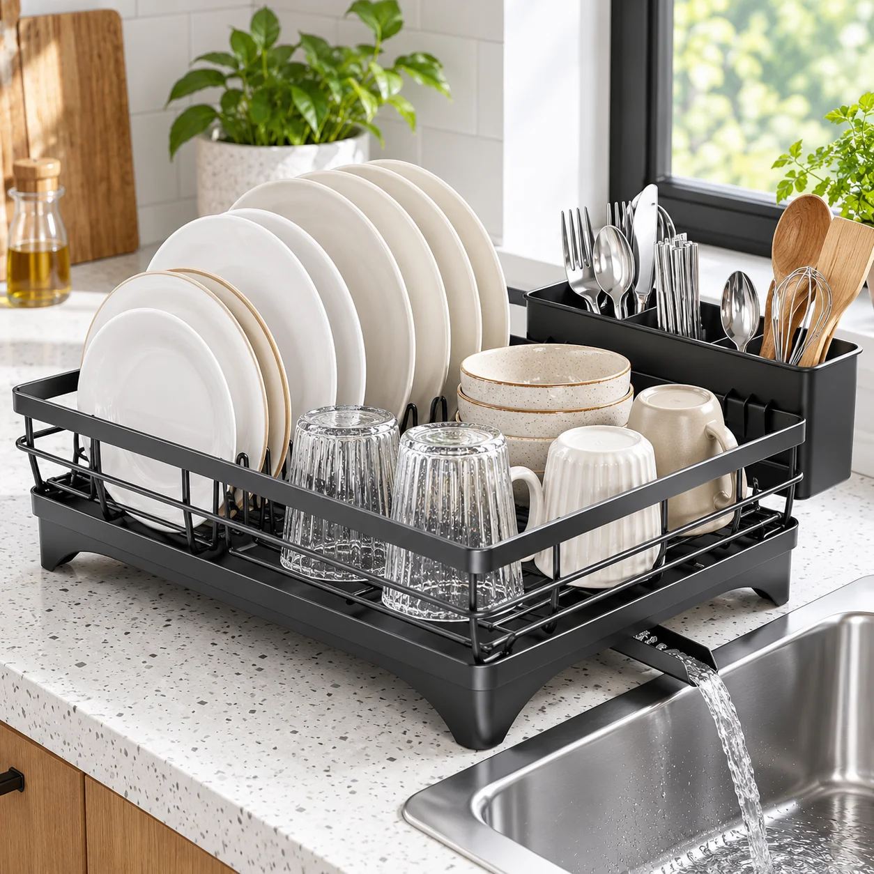 SNTD dish drying rack beside a sink holding plates, cups, bowls and utensils while the drain spout directs water toward the sink.