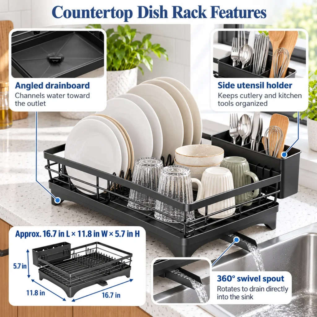 SNTD countertop dish rack feature infographic showing angled drainboard, side utensil holder, swivel spout and approximate dimensions.
