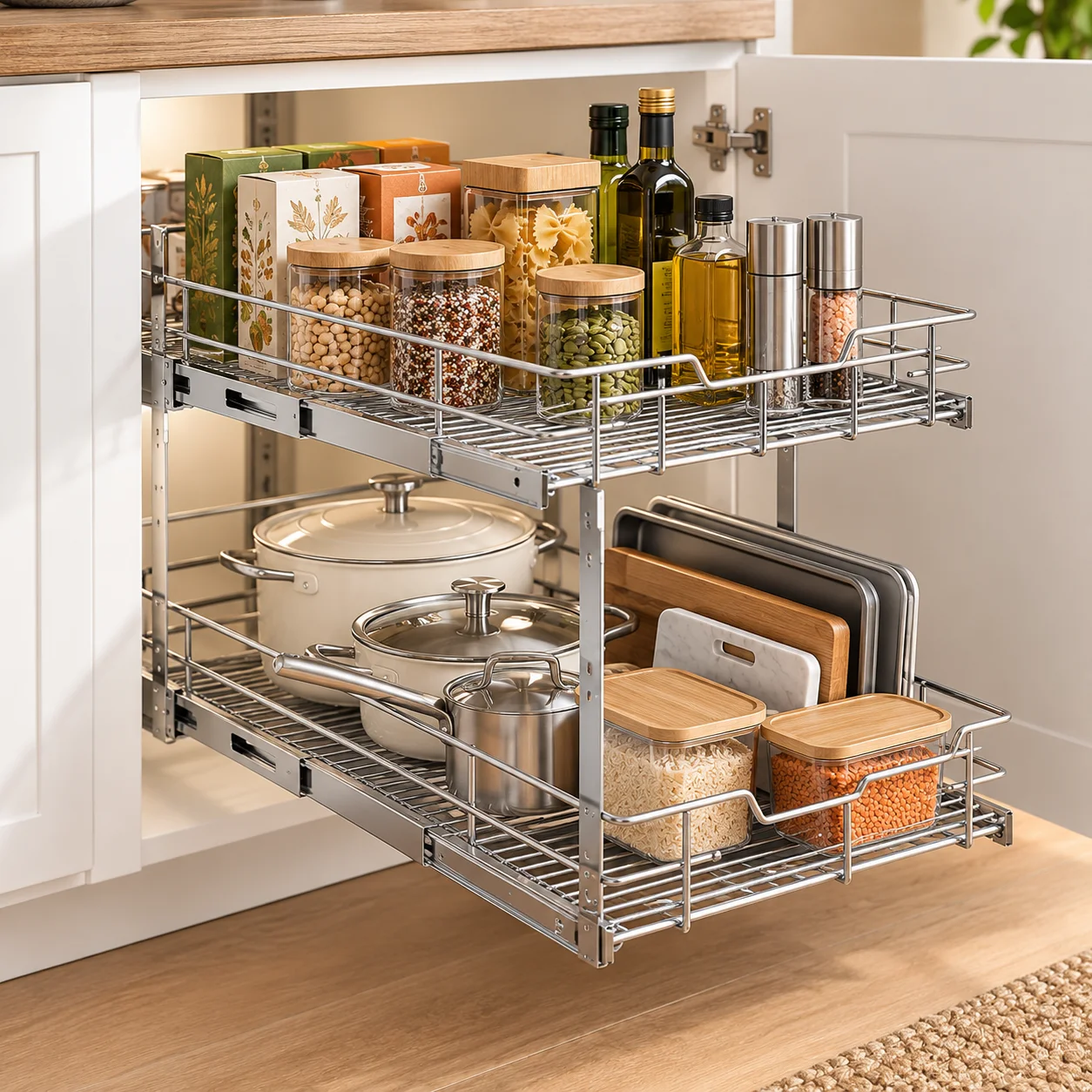 2 tier pull out cabinet organizer holding pantry jars, bottles, cookware, trays, and food containers in a kitchen cabinet.