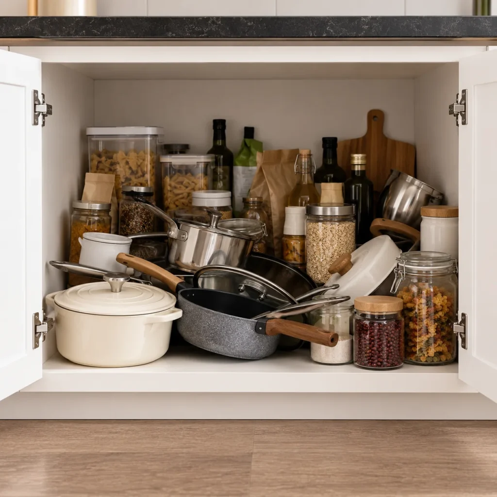 Deep kitchen cabinet crowded with pots, pans, jars, bottles, and pantry containers before adding 2 tier pull out cabinet organizer.