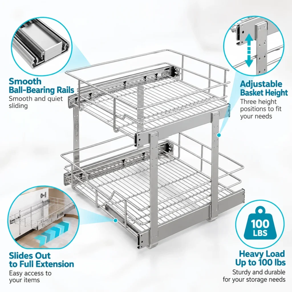 Infographic showing a 2 tier pull out cabinet organizer with ball-bearing rails, adjustable basket height, full-extension sliding, and up to 100-pound load capacity.