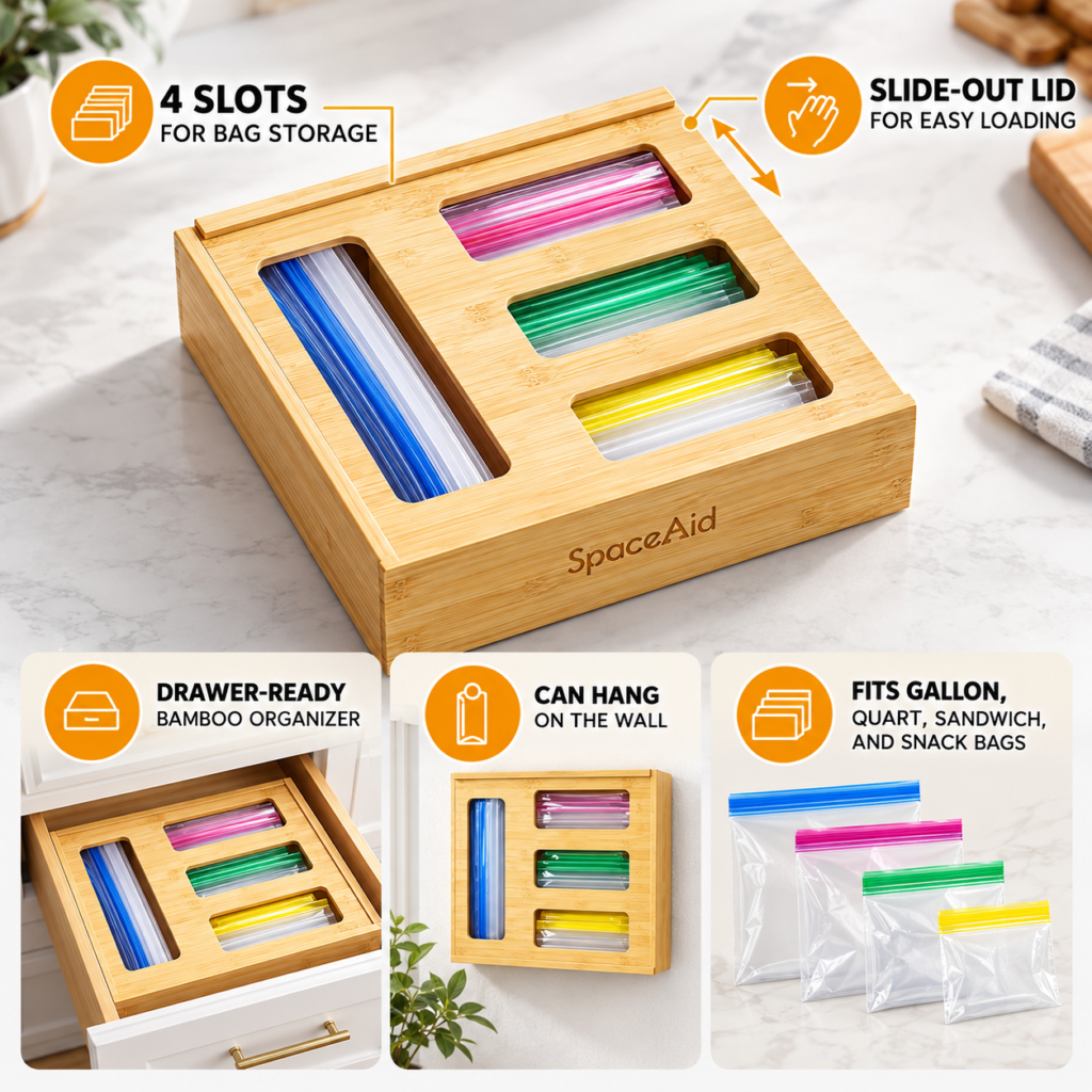 SpaceAid bamboo food storage bag organizer shown with four bag slots and feature callouts.