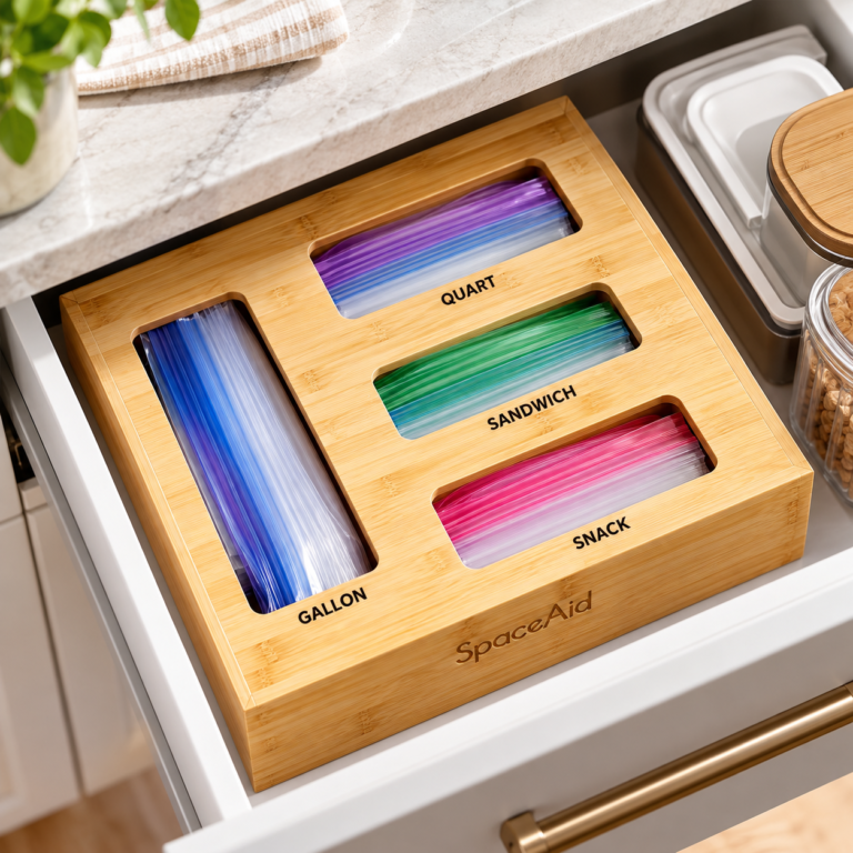 SpaceAid bamboo food storage bag organizer holding gallon, quart, sandwich and snack bags in a kitchen drawer.