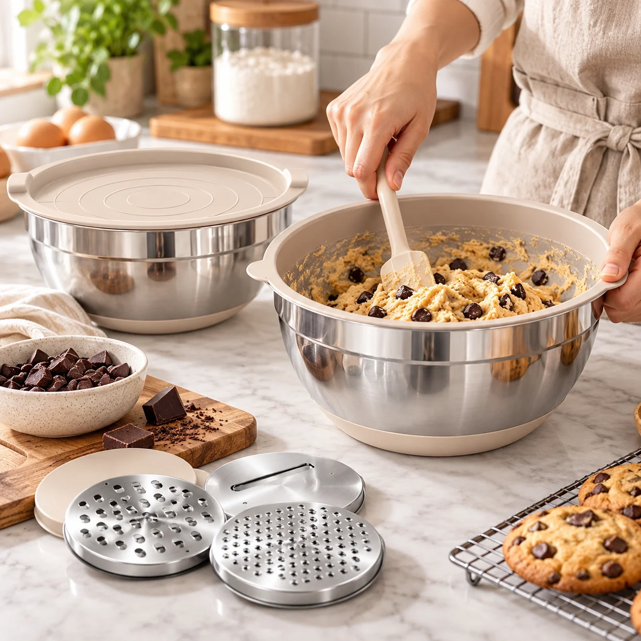 Kitchen prep made easier with stainless steel mixing bowls with airtight lids set.