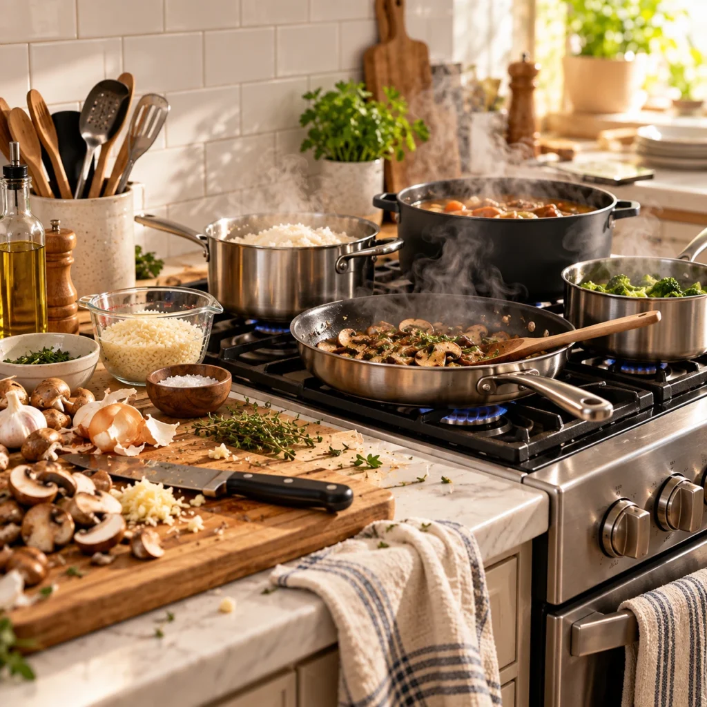 Several pots and pans cooking on a busy stovetop beside chopped vegetables and kitchen utensils.