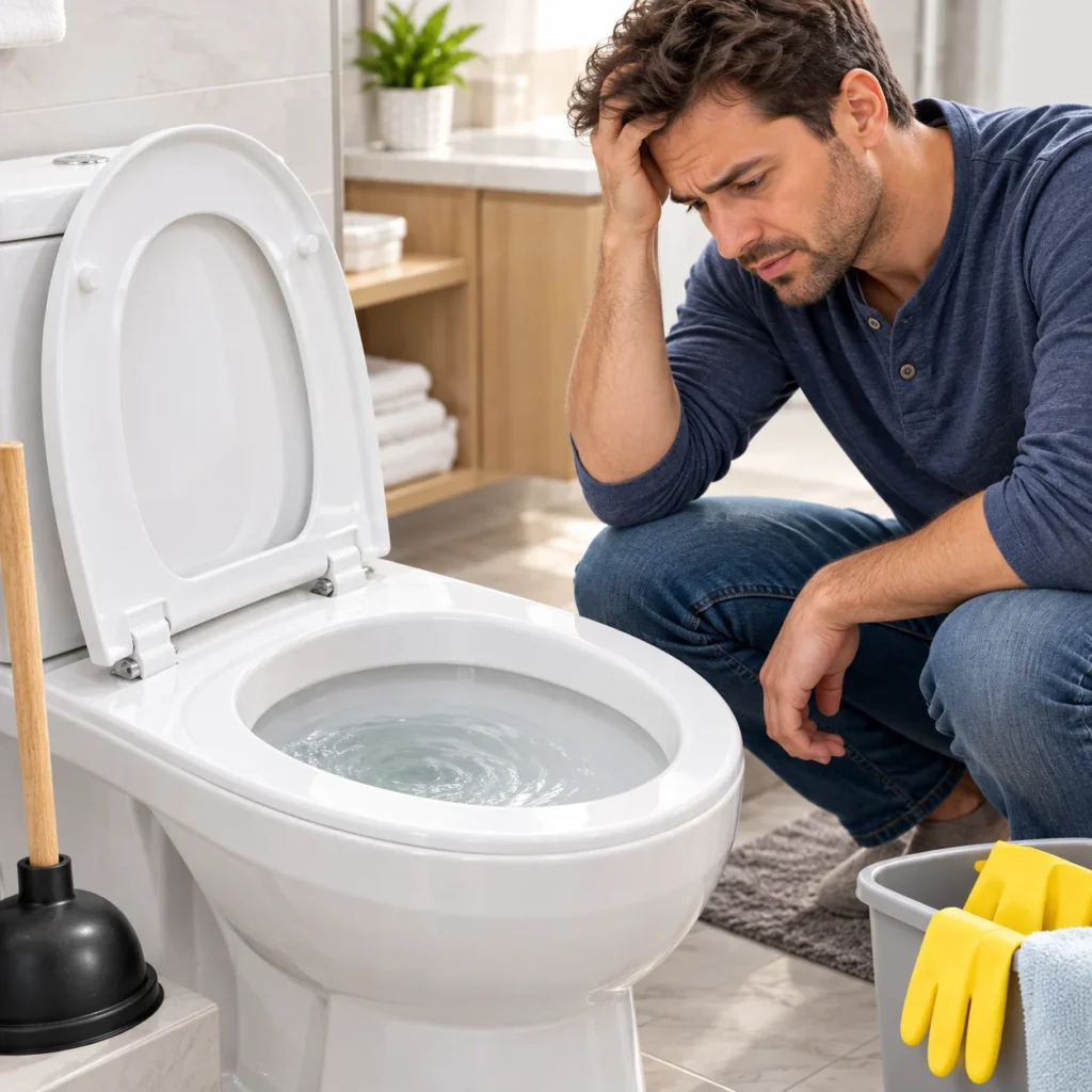 Man looking frustrated beside a clogged toilet before using an electric plunger.