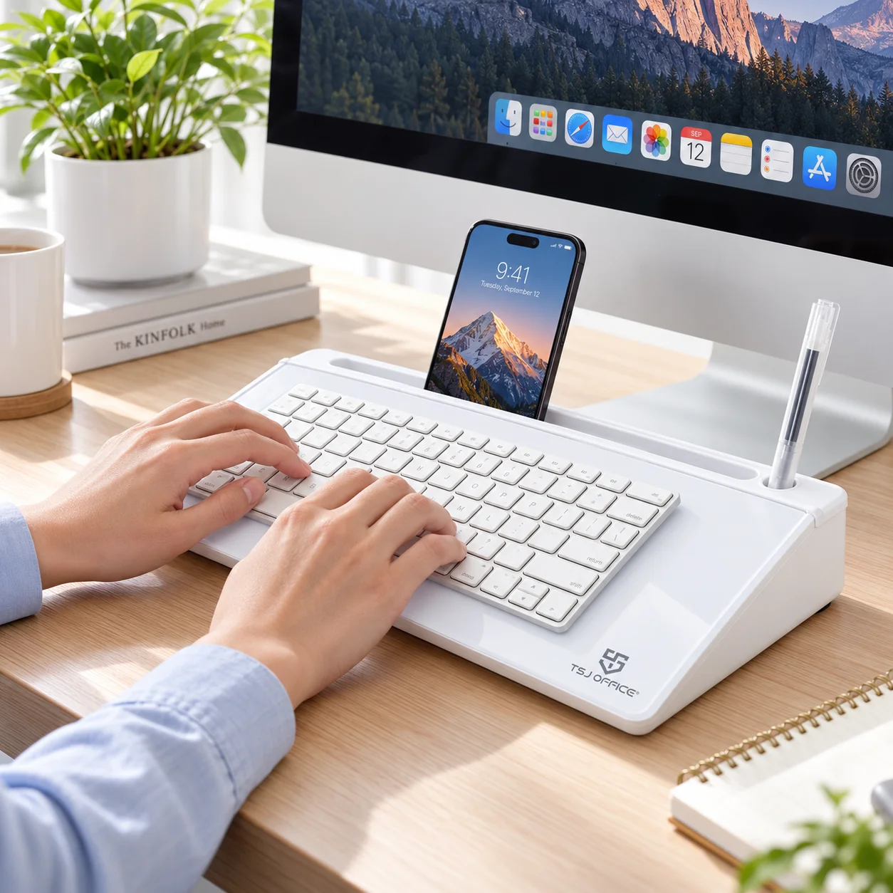 White TSJ OFFICE desktop whiteboard organizer placed between a keyboard and monitor with a phone in the top tray.