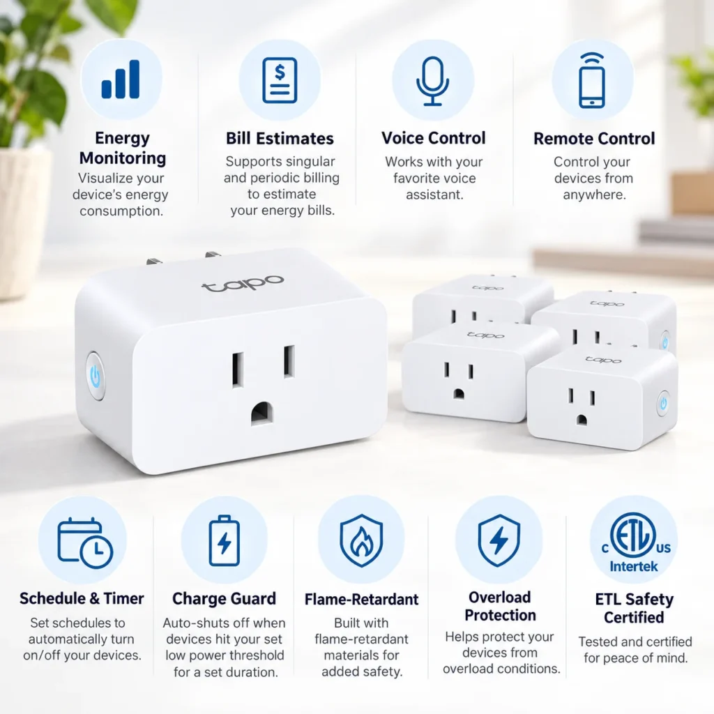Tapo P115 smart plug infographic highlighting energy monitoring, bill estimates, voice and remote control, schedules, Charge Guard, overload protection and ETL certification.