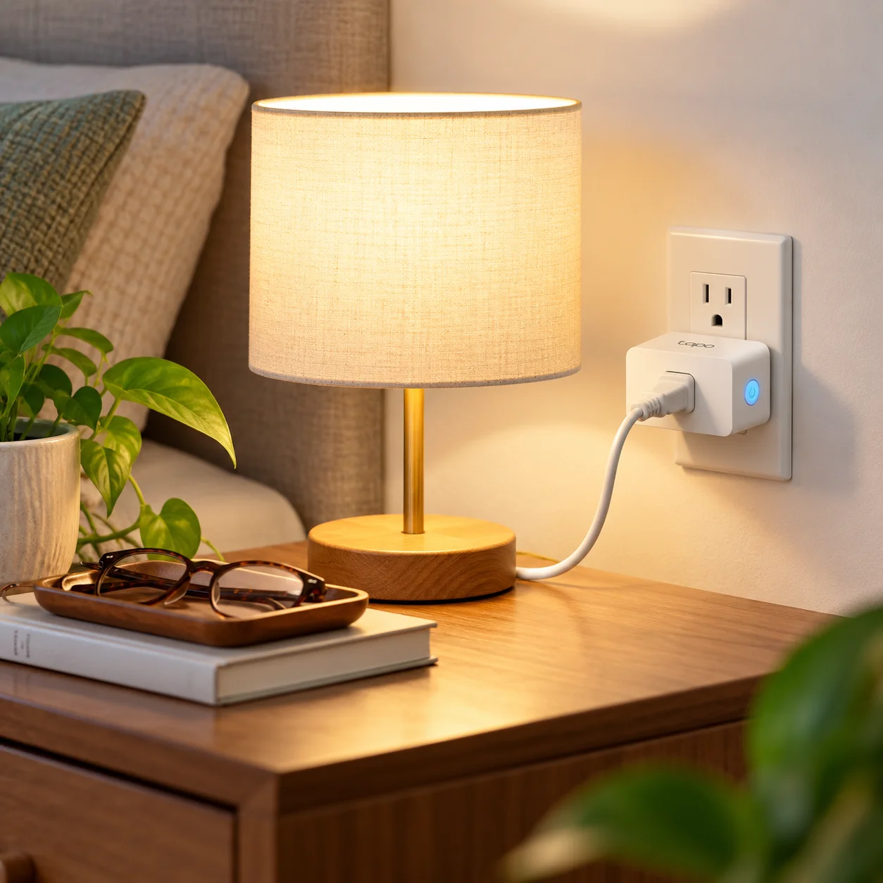Tapo P115 smart plug connected to a bedside lamp in a clean home setup.