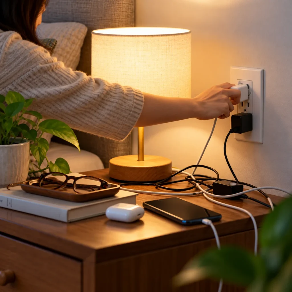 Cluttered bedside outlet and charging cables before adding a smart plug for scheduled control.