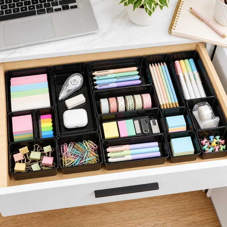 Black modular drawer organizer trays sorting pens, sticky notes, paper clips, tape, cables and other office supplies in a desk drawer.