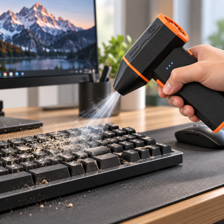 WOLFBOX electric air duster blowing loose dust from a computer keyboard on a home office desk.