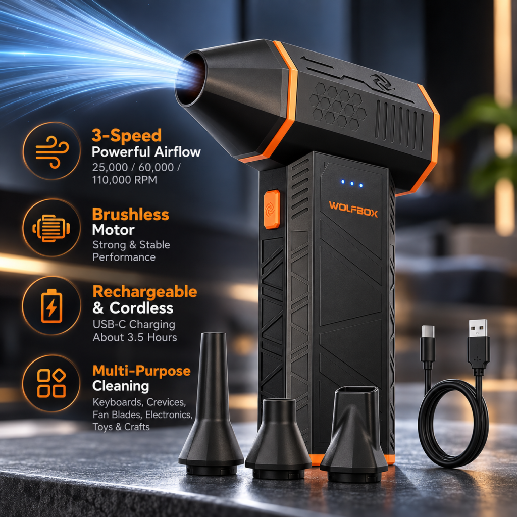 WOLFBOX MF50 electric air duster infographic showing three speed settings, brushless motor, USB-C charging and interchangeable nozzles.