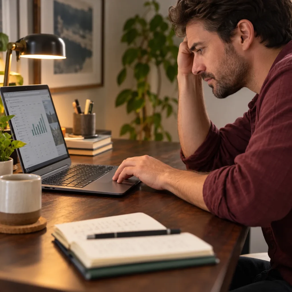 Man leaning toward a laptop and using the trackpad at a home office desk.