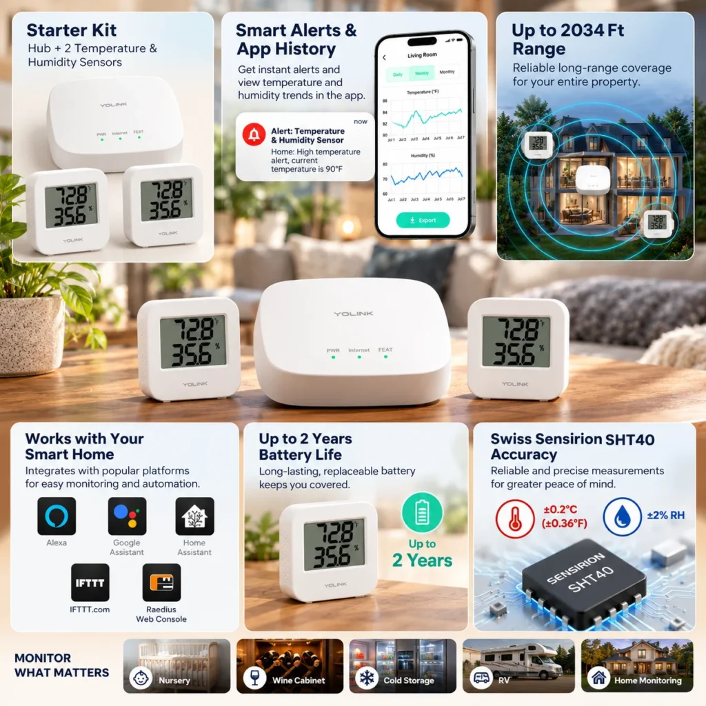smart temperature humidity sensor Feature infographic for the YoLink temperature and humidity starter kit showing hub, sensors, app alerts, battery life, integrations and monitoring use cases.
