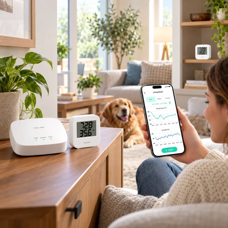 YoLink hub and indoor temperature humidity sensor on a living room cabinet while a person checks readings in the mobile app.