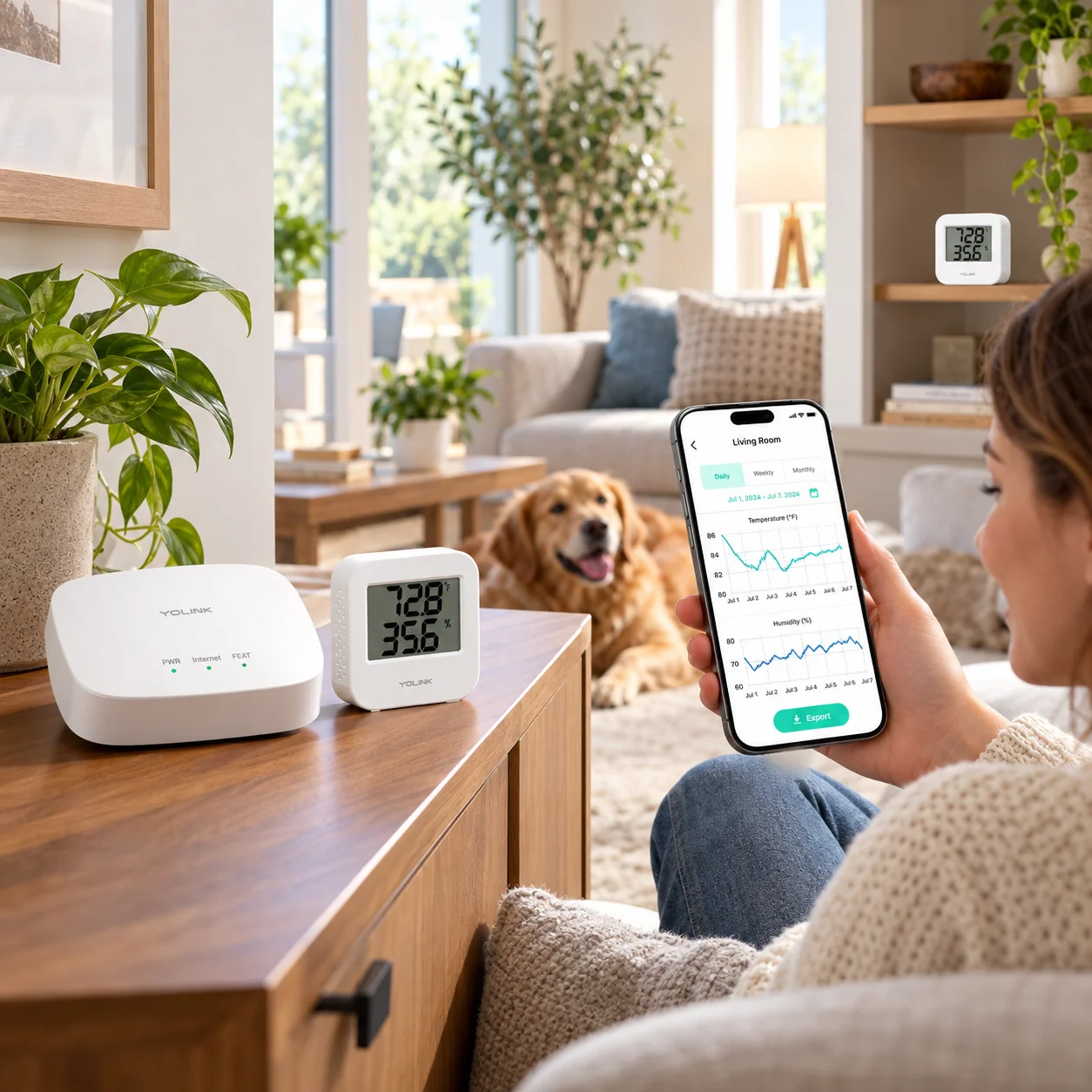YoLink hub and indoor temperature humidity sensor on a living room cabinet while a person checks readings in the mobile app.