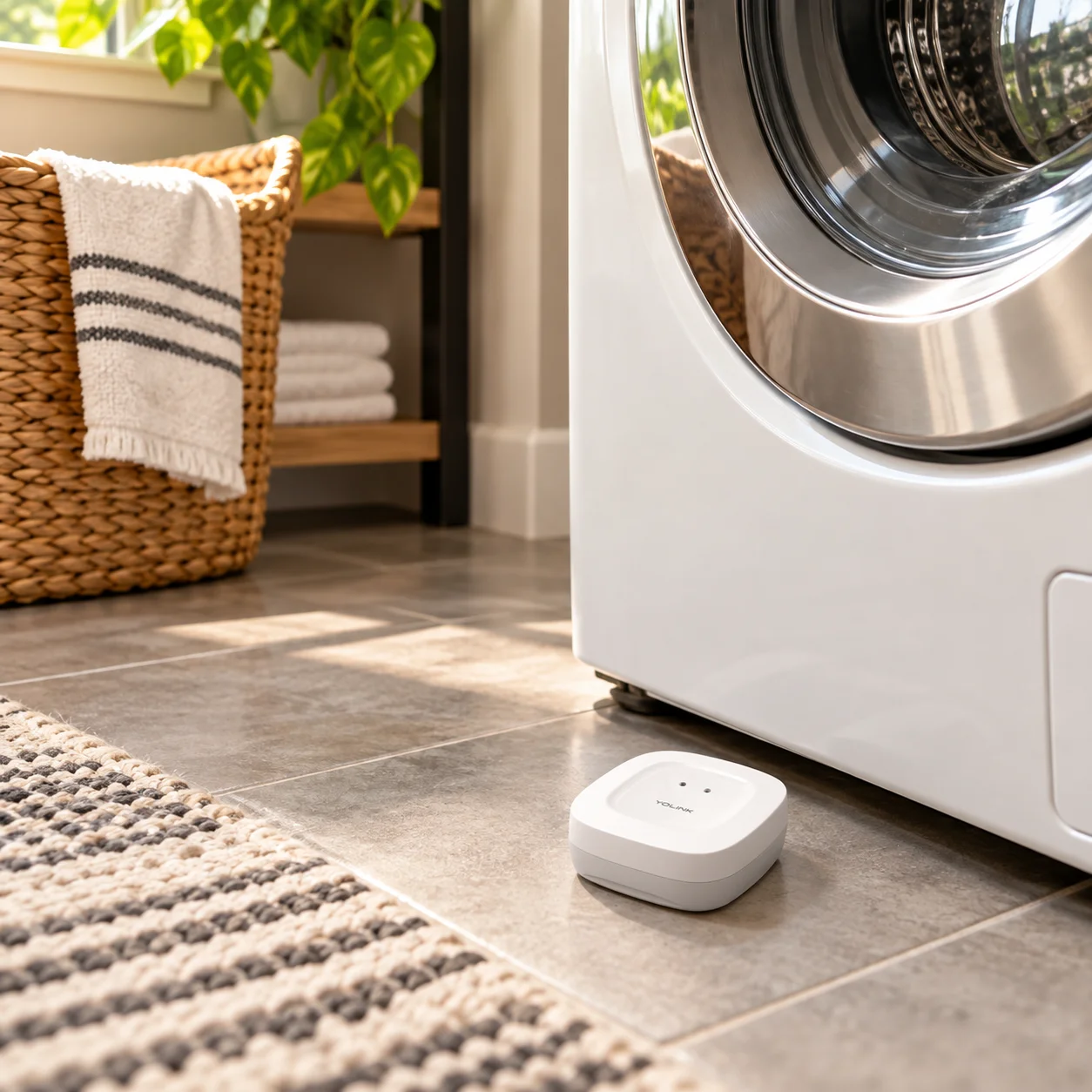 White YoLink water leak sensor placed on the floor beside a washing machine in a clean laundry room.