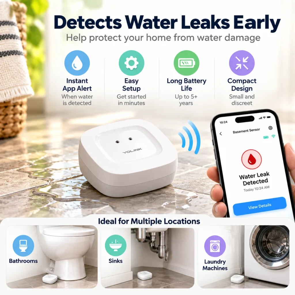 Infographic showing the YoLink water leak sensor with feature callouts for alerts, easy setup, battery life and common placement locations.