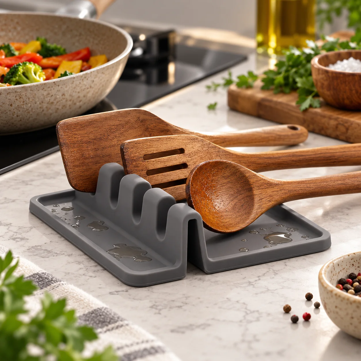 Gray silicone utensil rest holding wooden cooking utensils beside a stovetop while catching drips on the tray.
