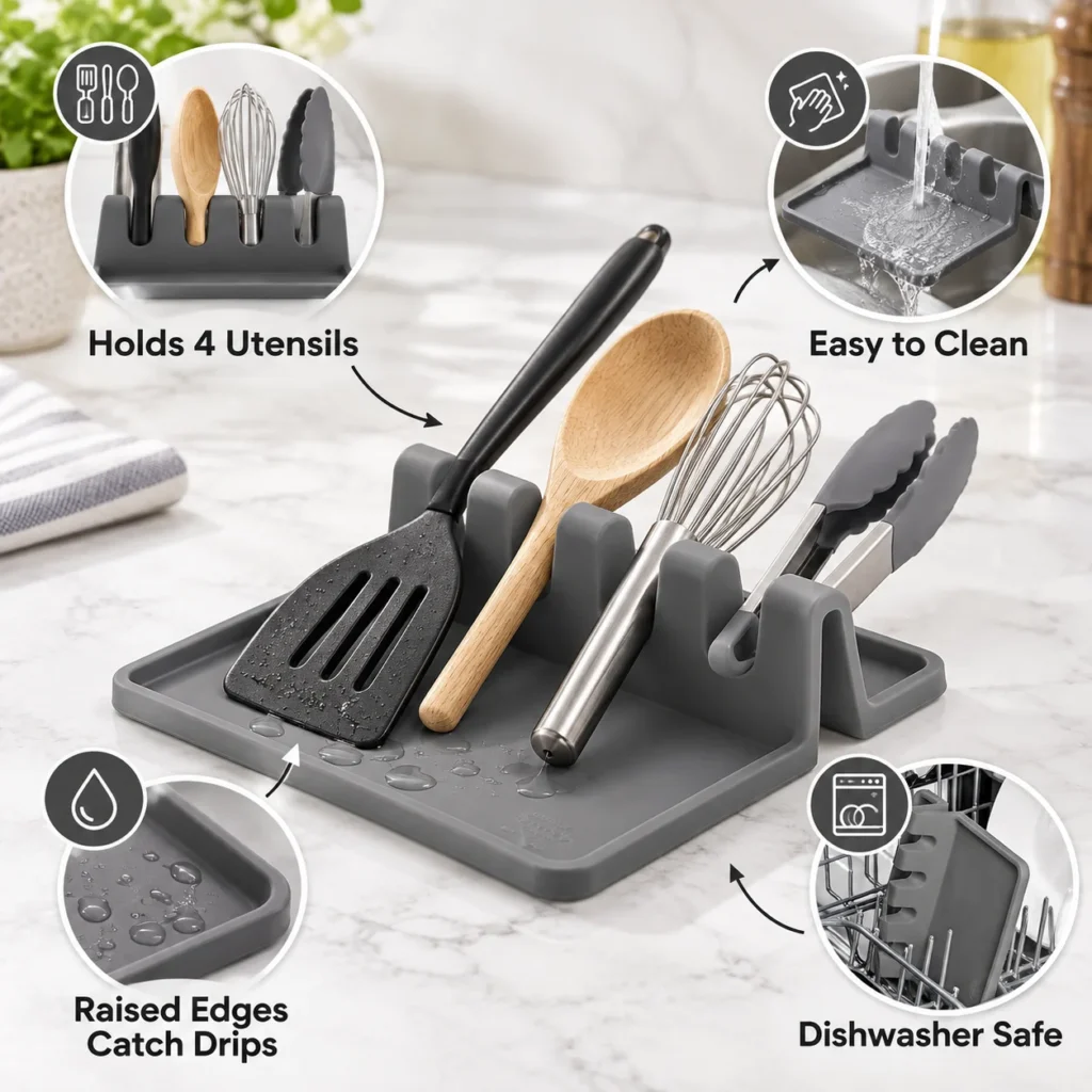 Infographic of a gray silicone utensil rest showing four utensil slots, raised drip-catching edges, easy cleaning and dishwasher-safe care.
