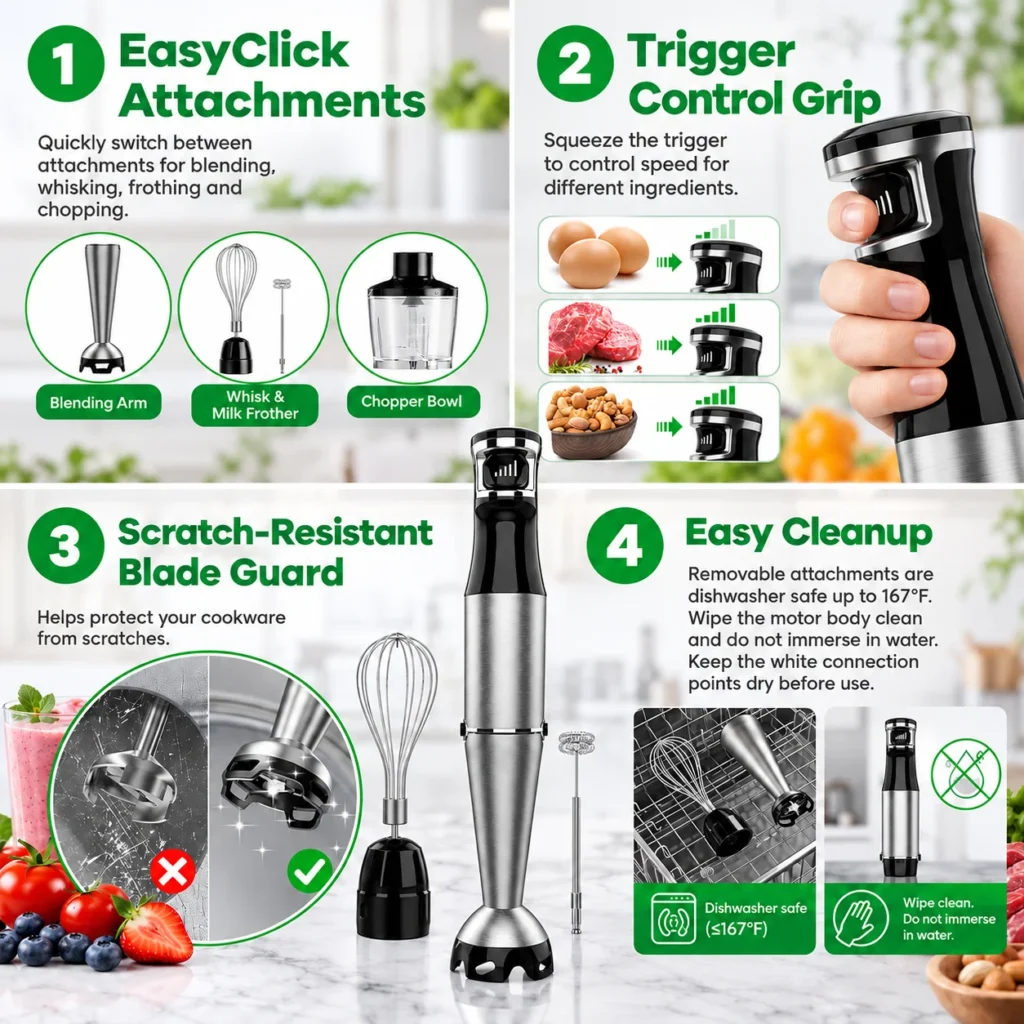 Infographic showing a 5-in-1 immersion blender with blending, whisking, frothing, chopping, variable trigger control, blade guard, and cleaning guidance.